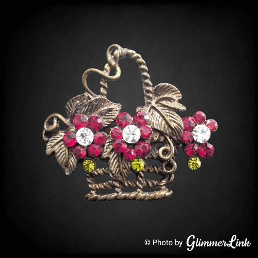 Vintage Victorian Trading Co Flower Basket Rhinestone Dark Brass Tone Brooch Pin